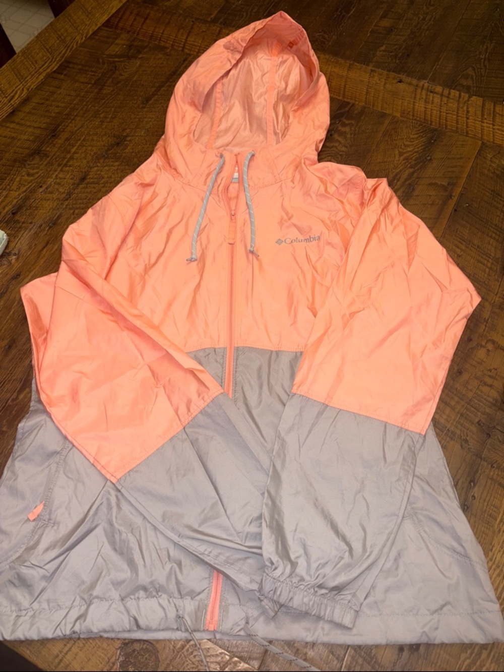 Columbia Coral and Gray Lightweight Hooded Windbreaker